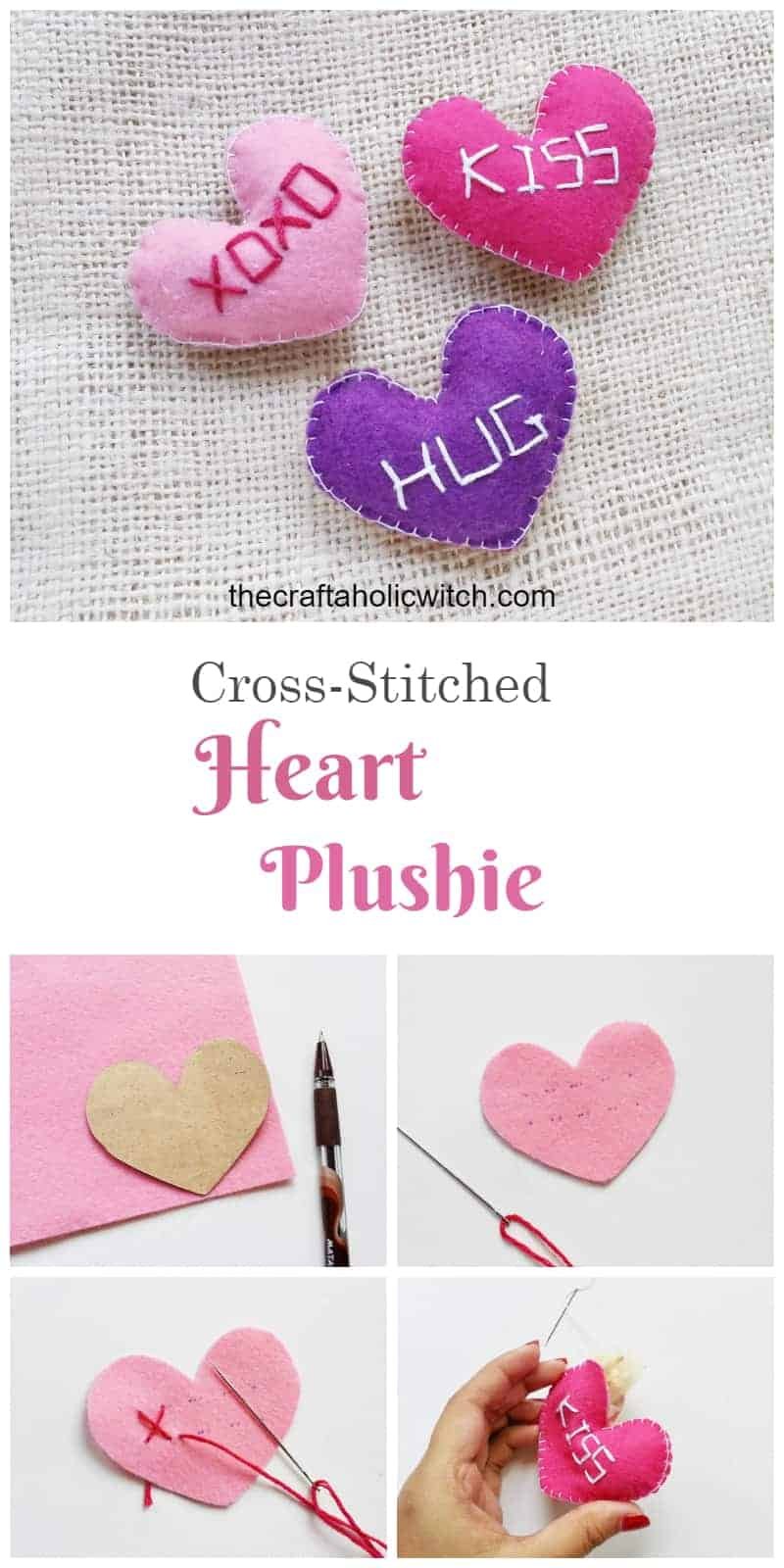 heart plush pin image - Cross Stitched Heart Plushies