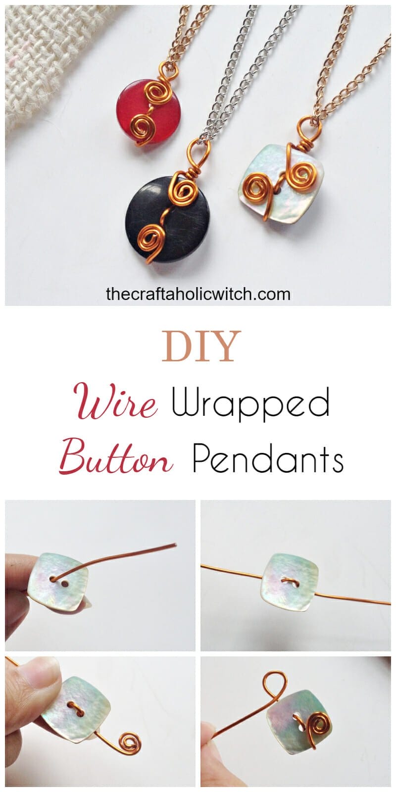 diy wire wrapped button necklace pendant 
