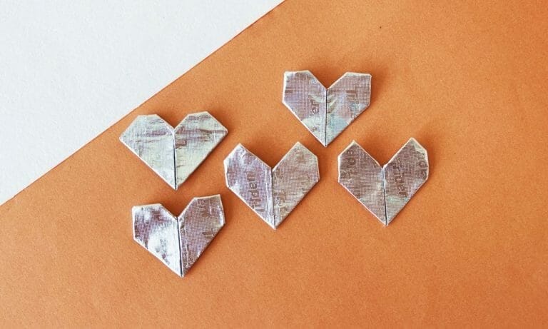 origami heart with gum wrapper